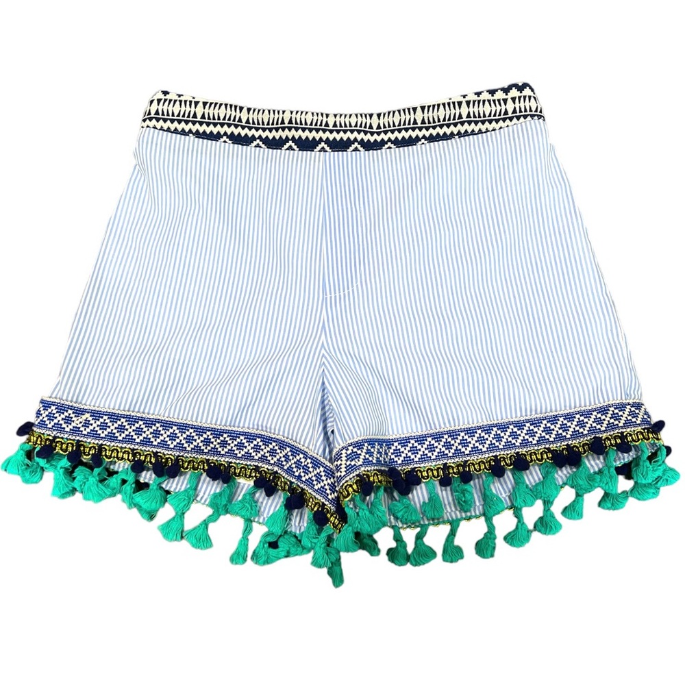 THML blue and white striped summer shorts with tassel trim size small NWOT